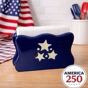 America 250 Napkin Holder Cobalt Blue Glaze Sandstone Stars Americana Folk Art